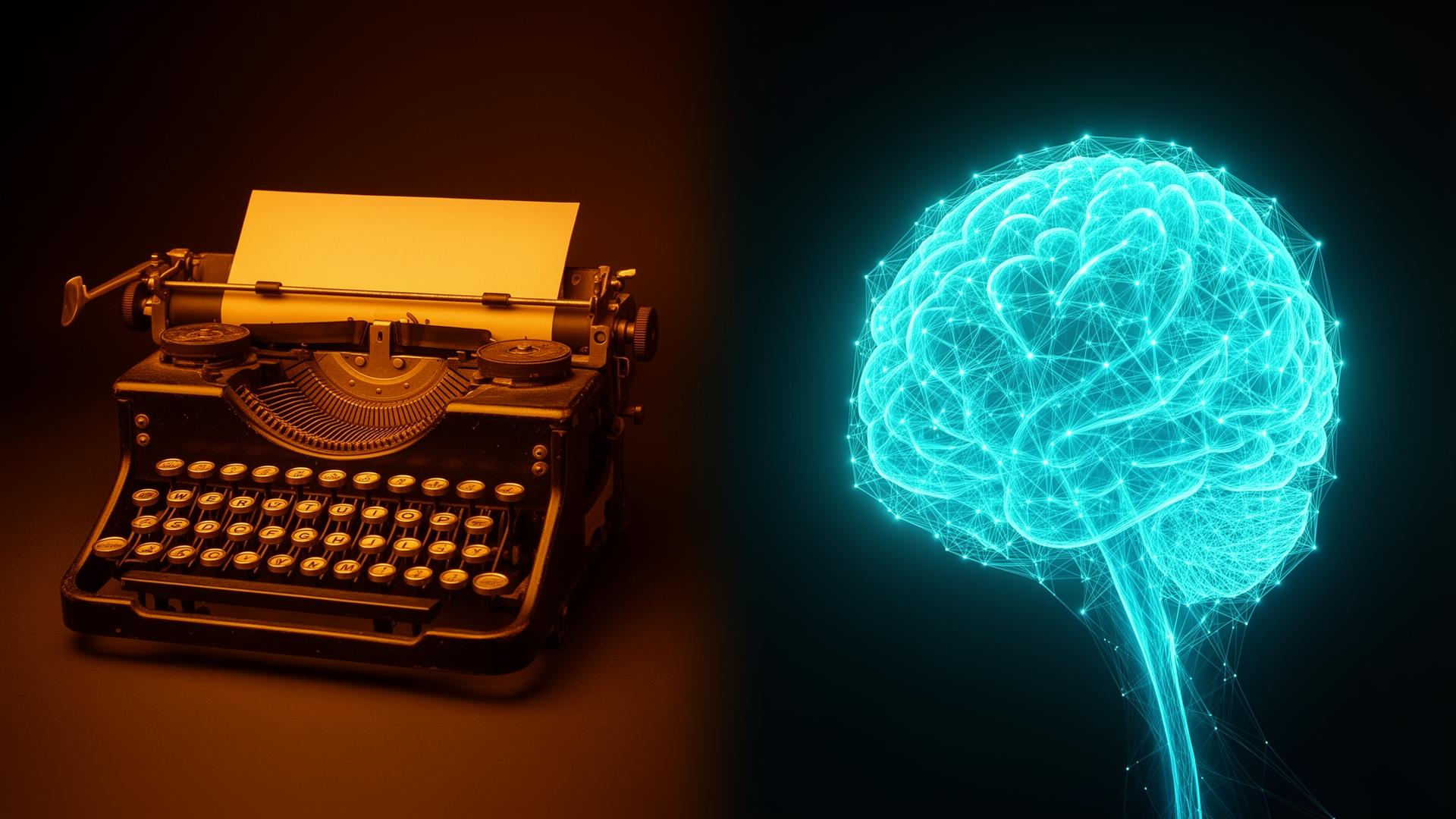 Illustration comparing an AI neural network and a human hand reviewing a document