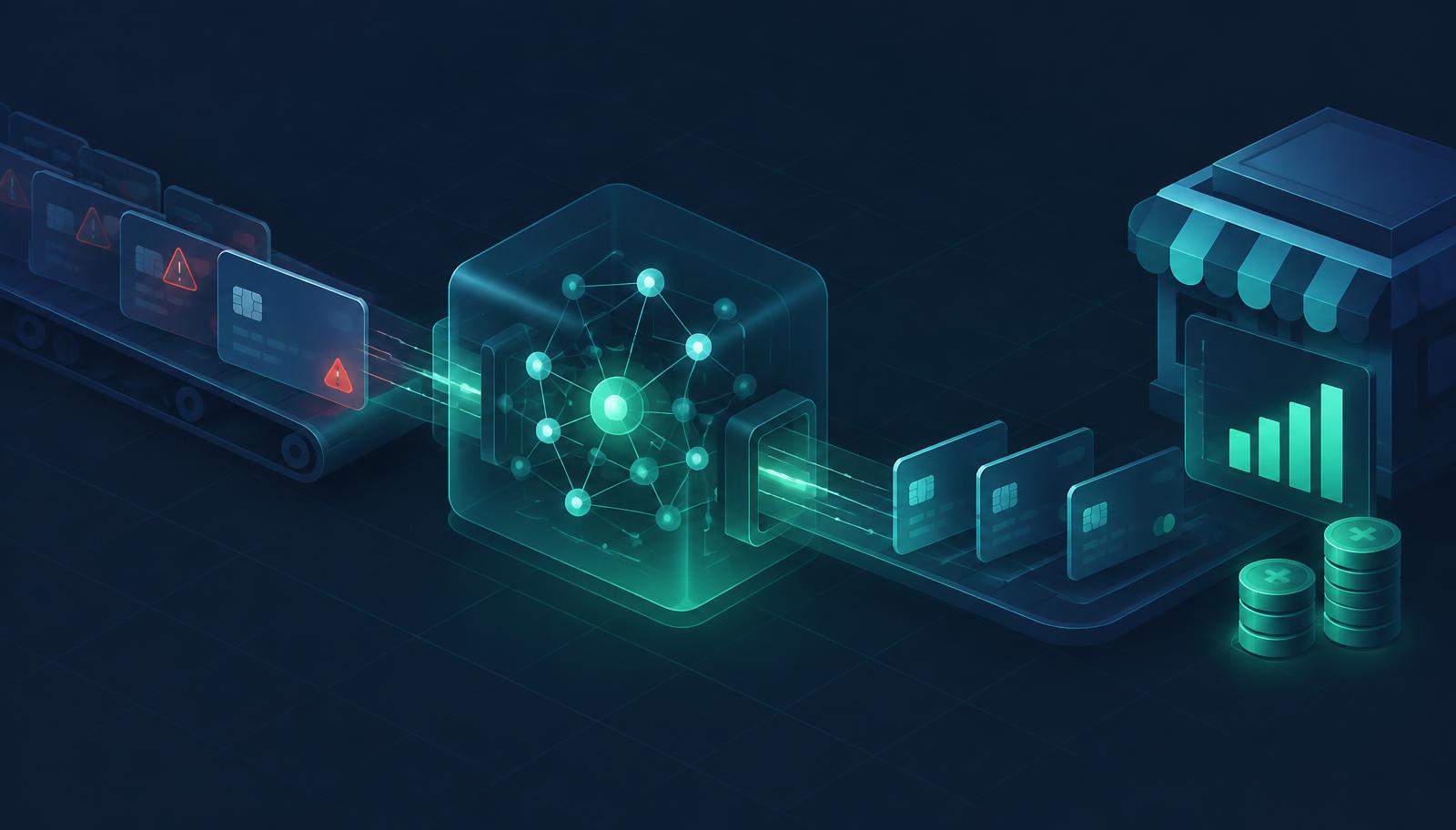 Isometric illustration of disputed card transactions moving along a conveyor into an automated processing engine and returning as recovered revenue for a merchant
