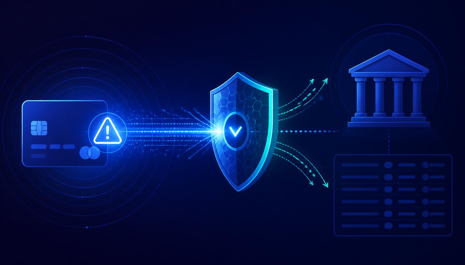 Abstract illustration of a dispute alert signal from a payment card being intercepted by an automated shield before reaching a bank ledger