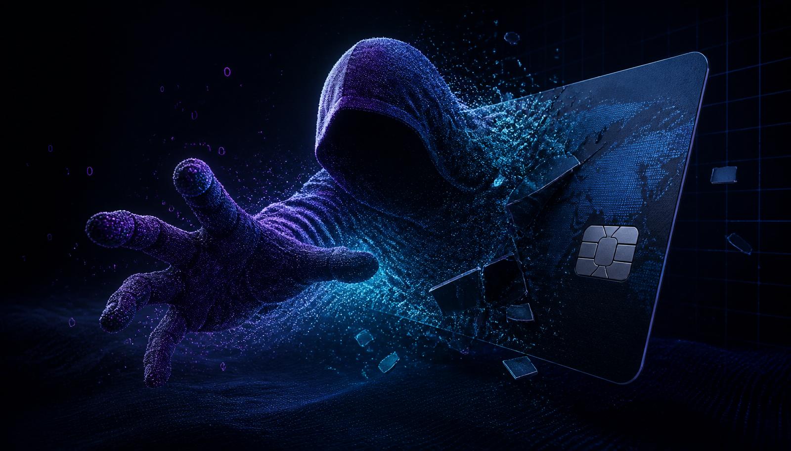 Editorial illustration of a shadowy hooded figure made of data particles reaching through a shattered credit card