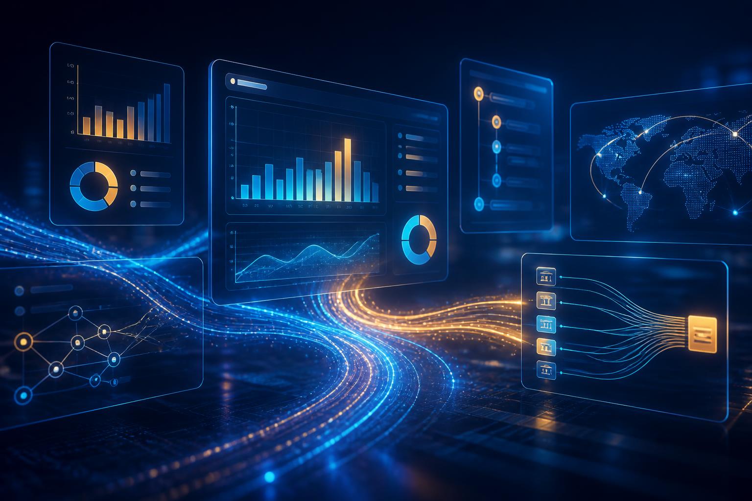 Futuristic chargeback management software dashboard with dispute analytics, payment flows, and AI evidence panels on a dark navy interface