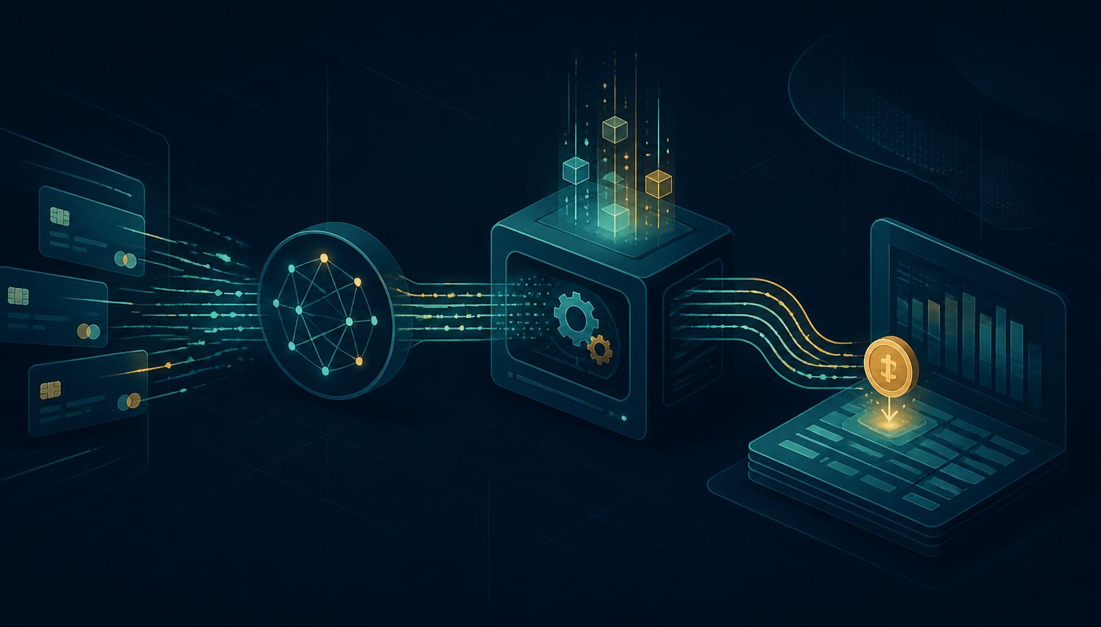 Abstract illustration of disputed card transactions flowing through an automated processing engine and returning as recovered revenue in a merchant ledger