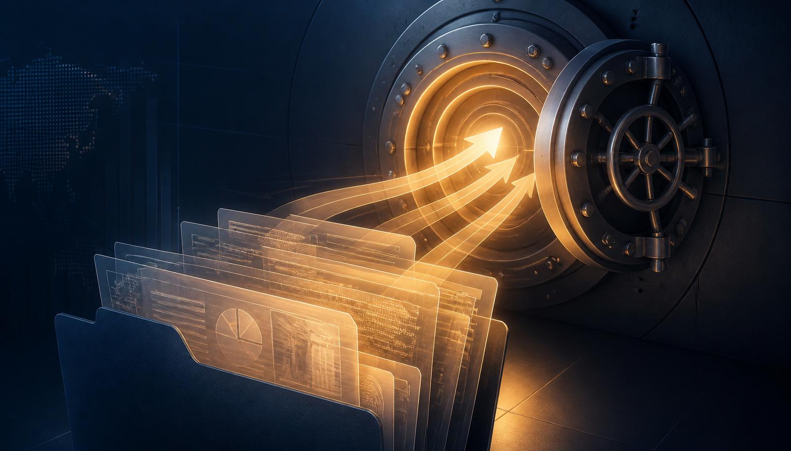 Glowing evidence dossier flowing back into a bank vault, illustrating funds recovered through chargeback representment