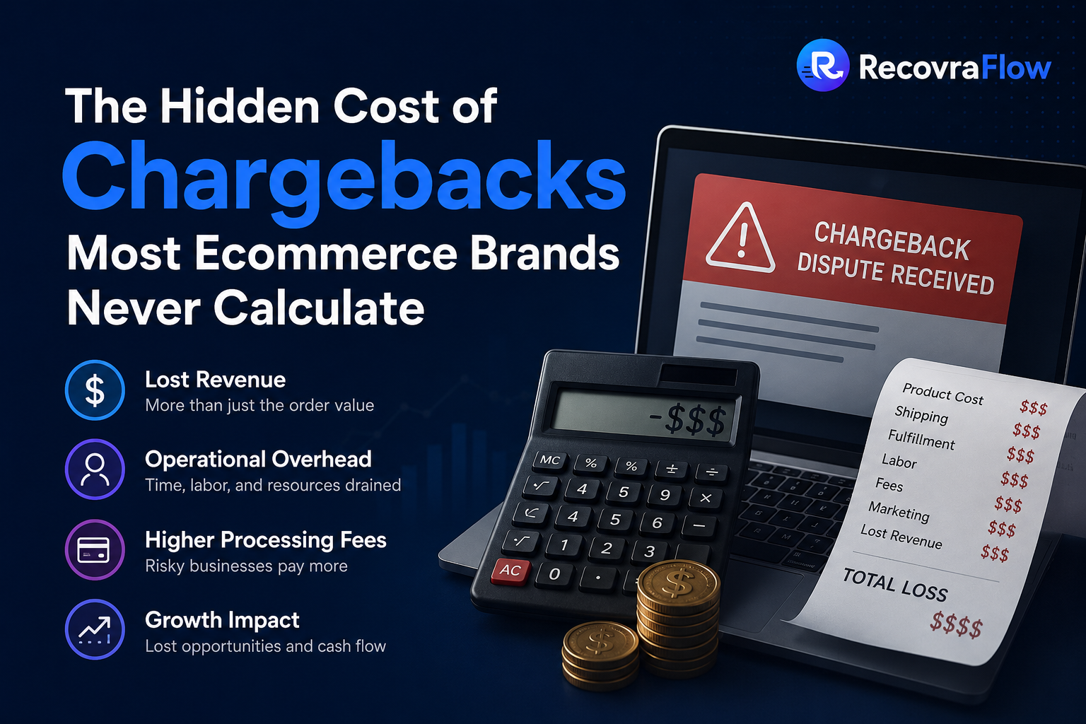 Infographic showing the hidden costs of chargebacks: lost revenue, operational overhead, processing fees, and growth impact