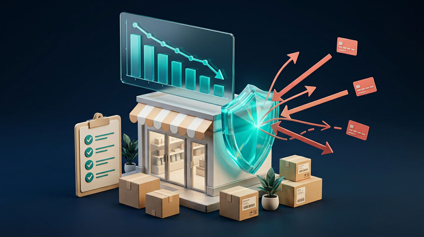 Isometric illustration of an ecommerce storefront protected by a shield deflecting chargeback arrows, with a declining dispute trend chart and a prevention checklist