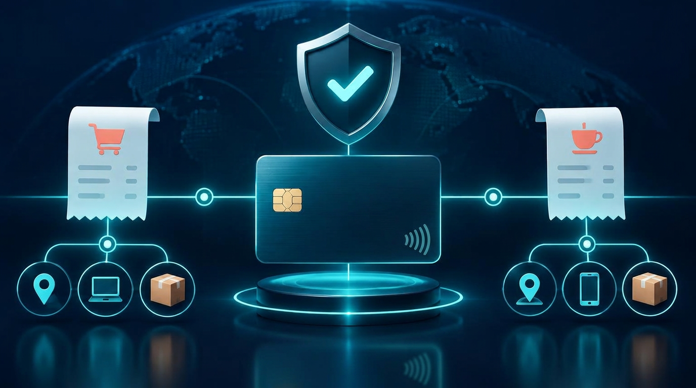 Illustration of a payment card linked by glowing lines to two earlier receipts, with matching location, device and parcel icons and a shield with a check mark